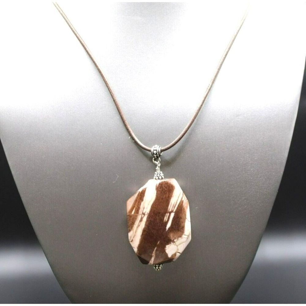 Jasper Pendant Long Necklace Brown White Pinkish Color Stone Silver Tone